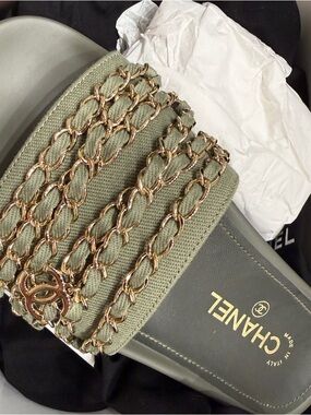 Chanel Olive Green Chain Slide Sandals 36